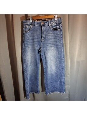 Blue High-Waisted Wide Leg Jeans with Raw Hem